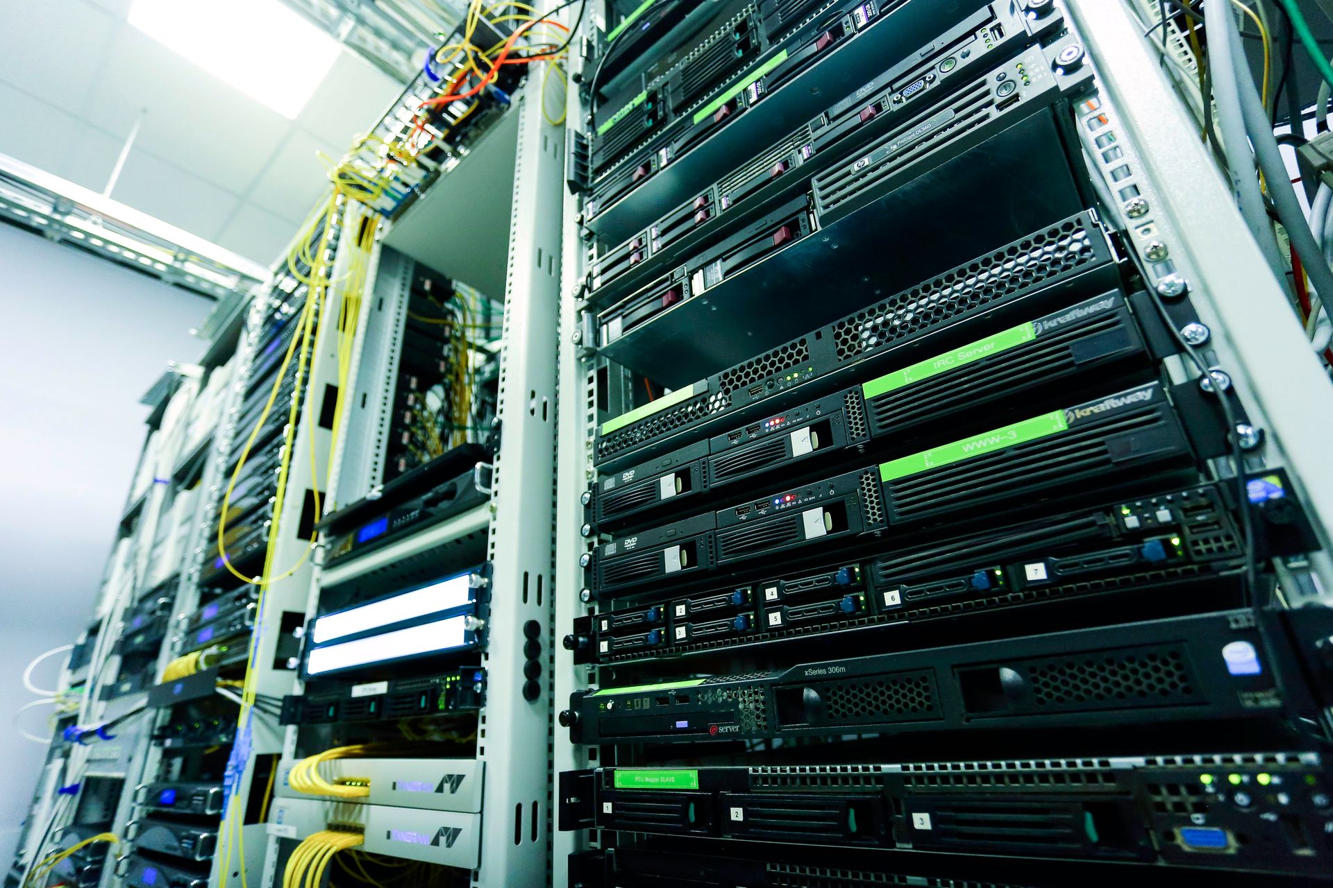 Rack of network servers representing digital network security infrastructure